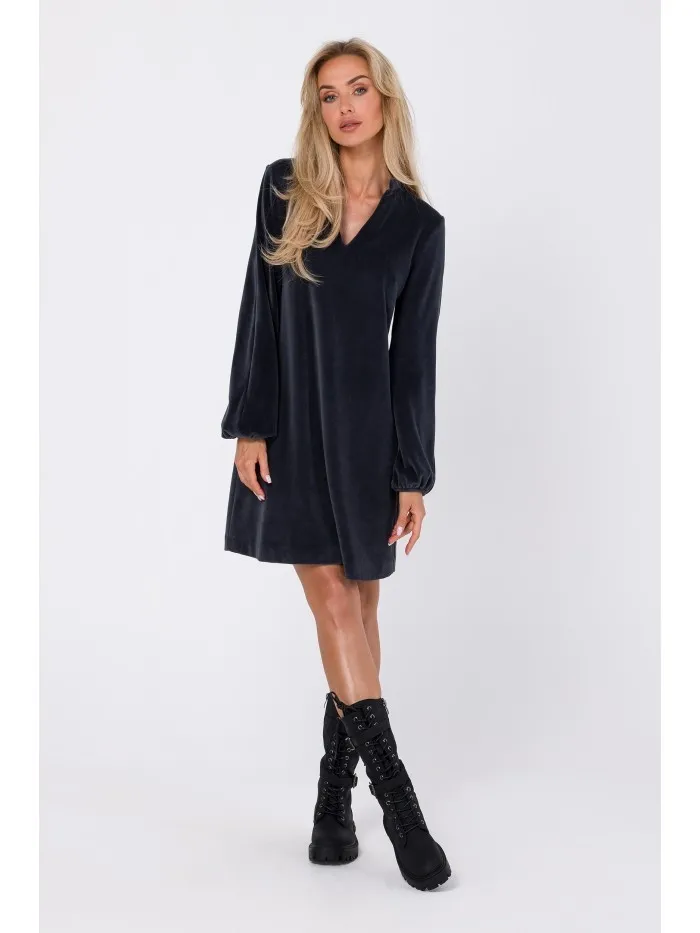 Mini sukienka z dekoltem V - grafitowa - Rozmiar: M