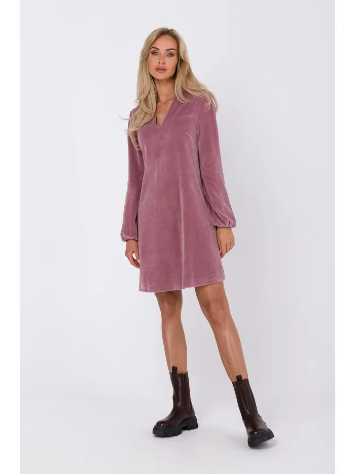 Mini sukienka z dekoltem V - brudny róż - Rozmiar: S