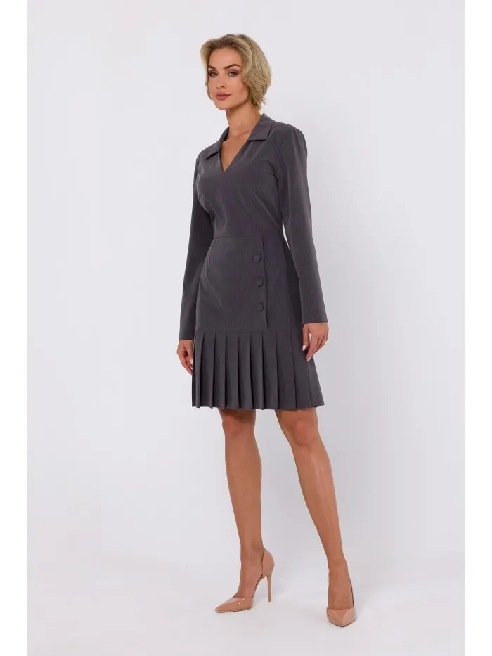 Sukienka z dekoltem v i plisowanym dołem - ciemnoszara - Rozmiar: M