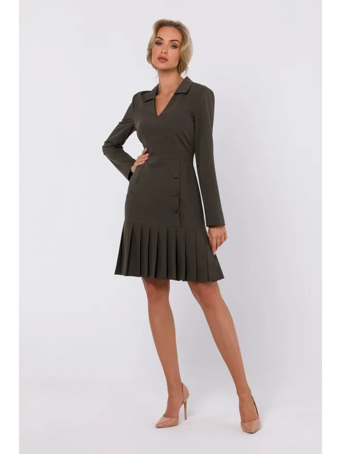 Sukienka z dekoltem v i plisowanym dołem - khaki - Rozmiar: S