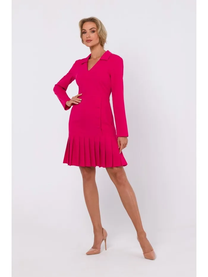 Sukienka z dekoltem v i plisowanym dołem - różowa - Rozmiar: M