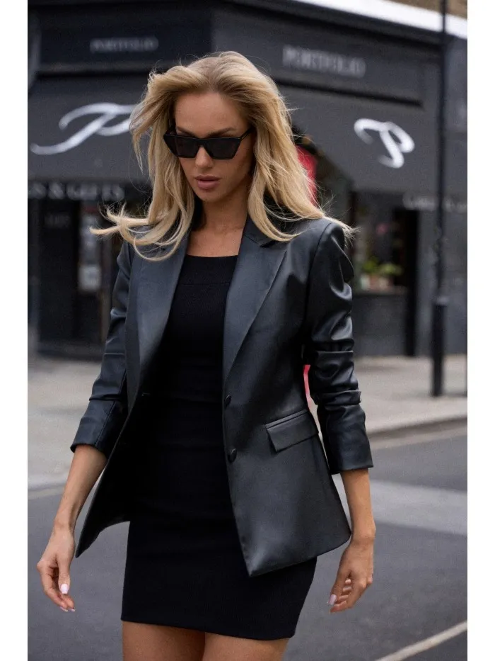 Damska marynarka z ekoskóry - czarna - Rozmiar: L