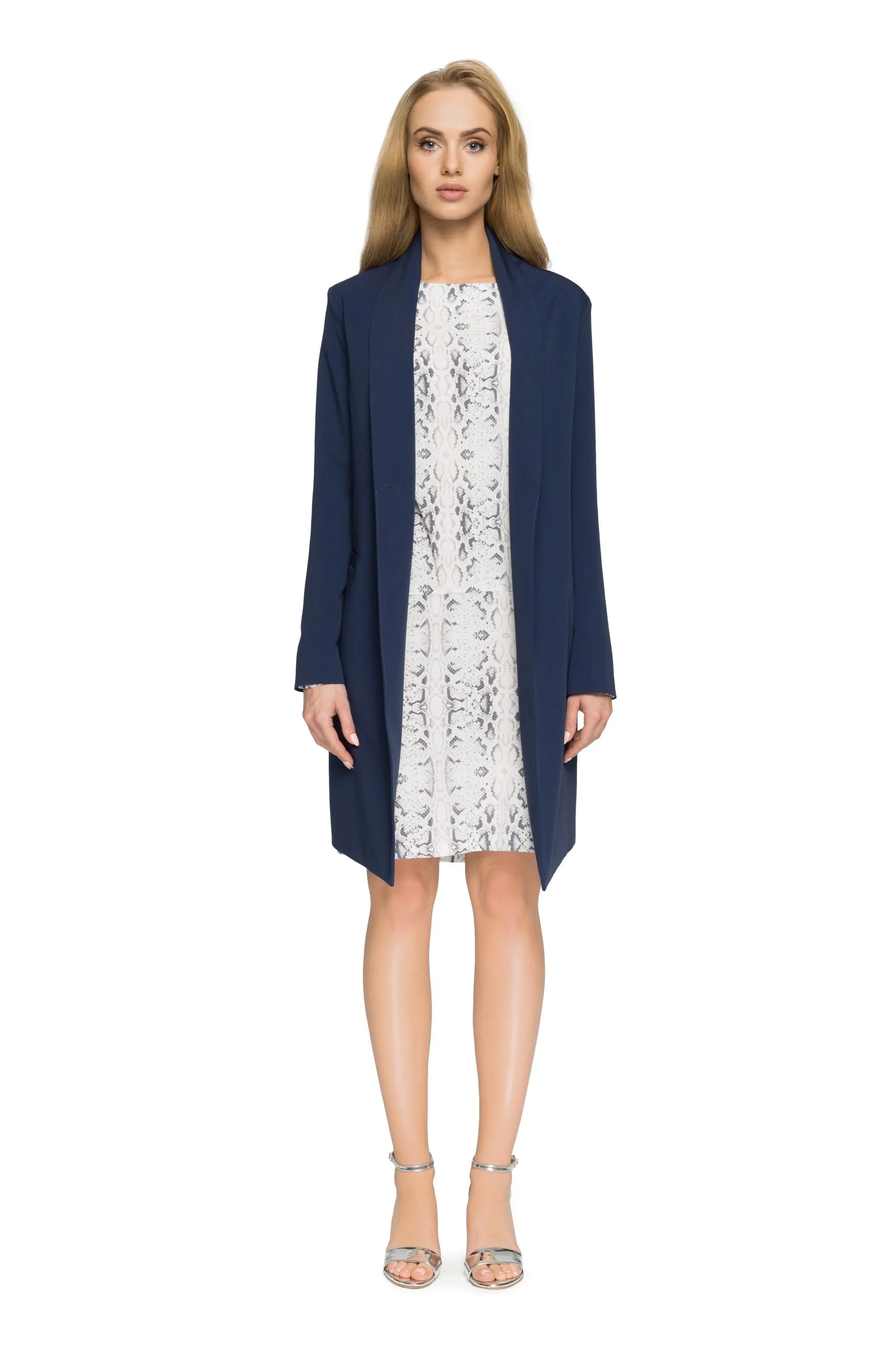 Długa marynarka blezer na jeden guzik - granatowa - Rozmiar: XL