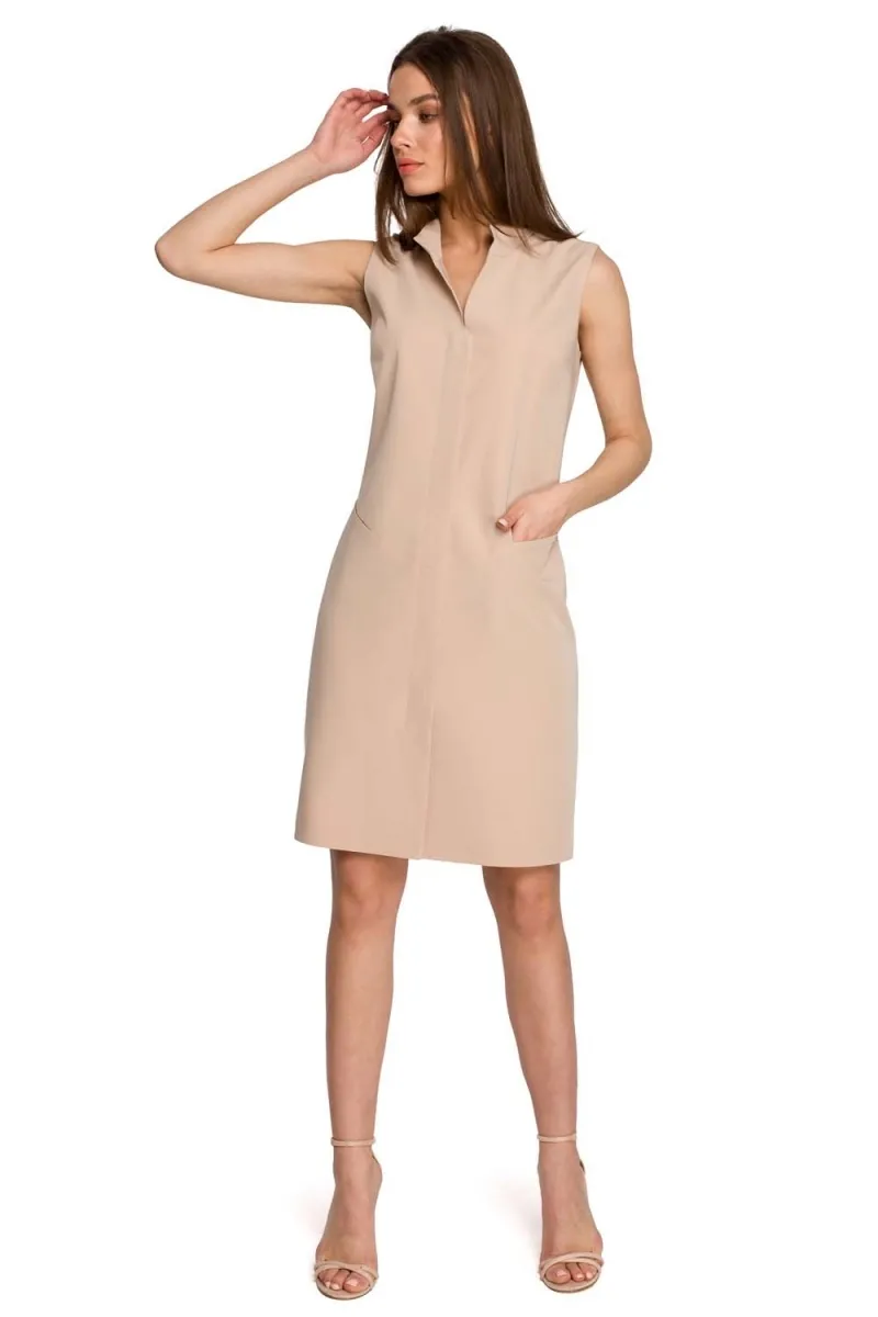 Prosta sukienka ze stójką - beżowa - Rozmiar: XXL