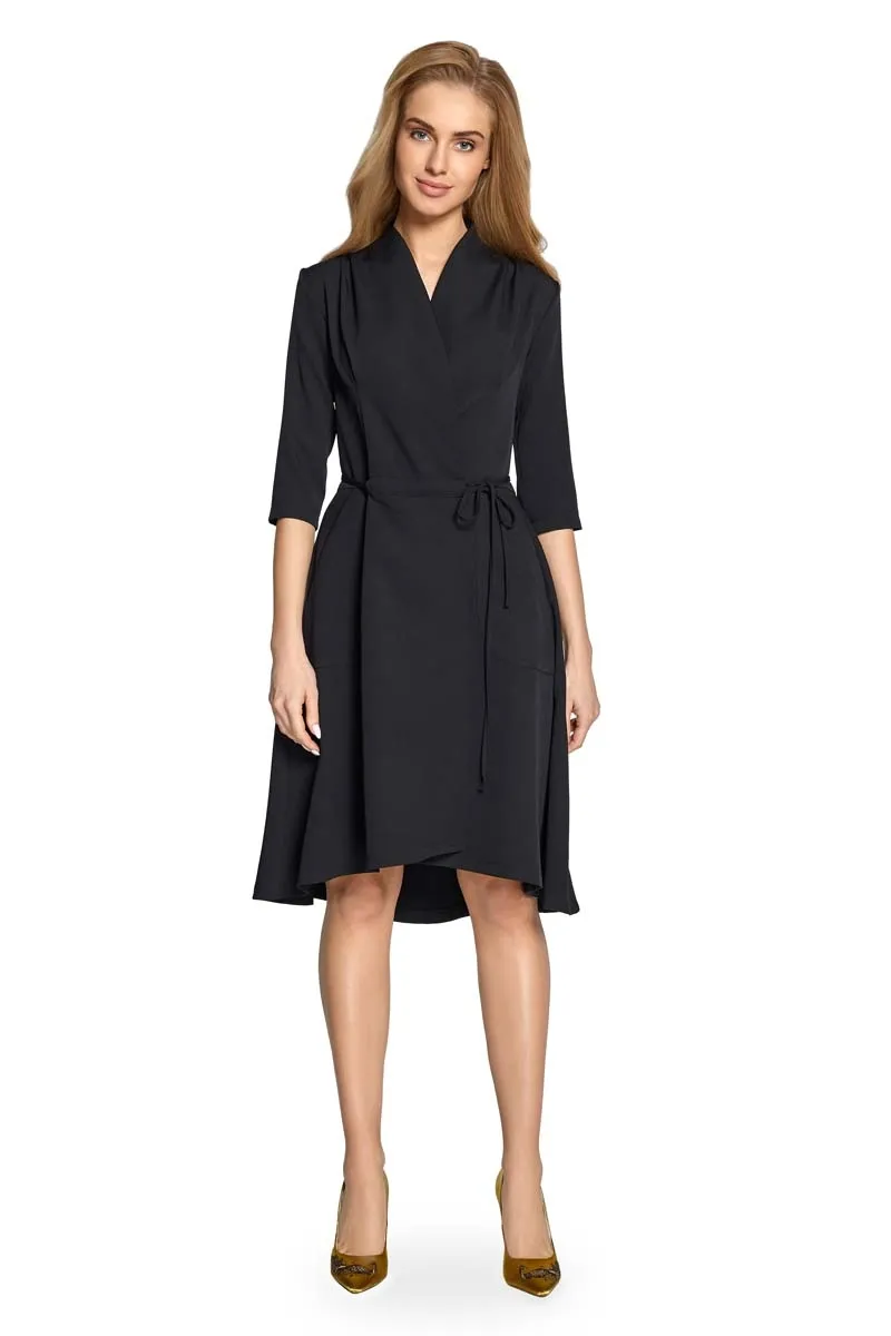 Kopertowa sukienka z paskiem - czarna - Rozmiar: S