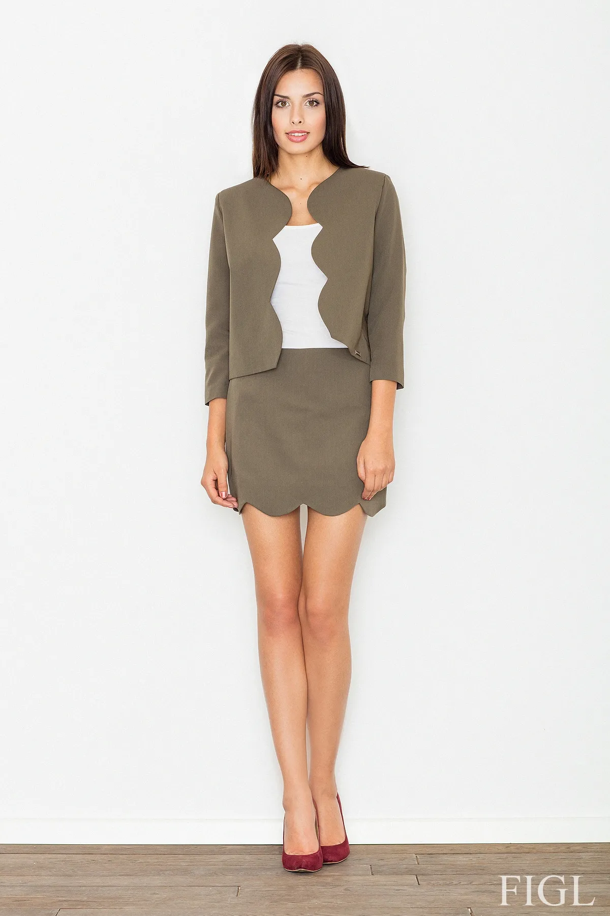 Elegancki Oliwkowy Komplet Spódnica + Żakiet
