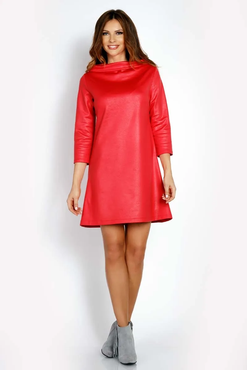 Różowa Sukienka Trapezowa z Woskowanej Tkaniny z Kołnierzem