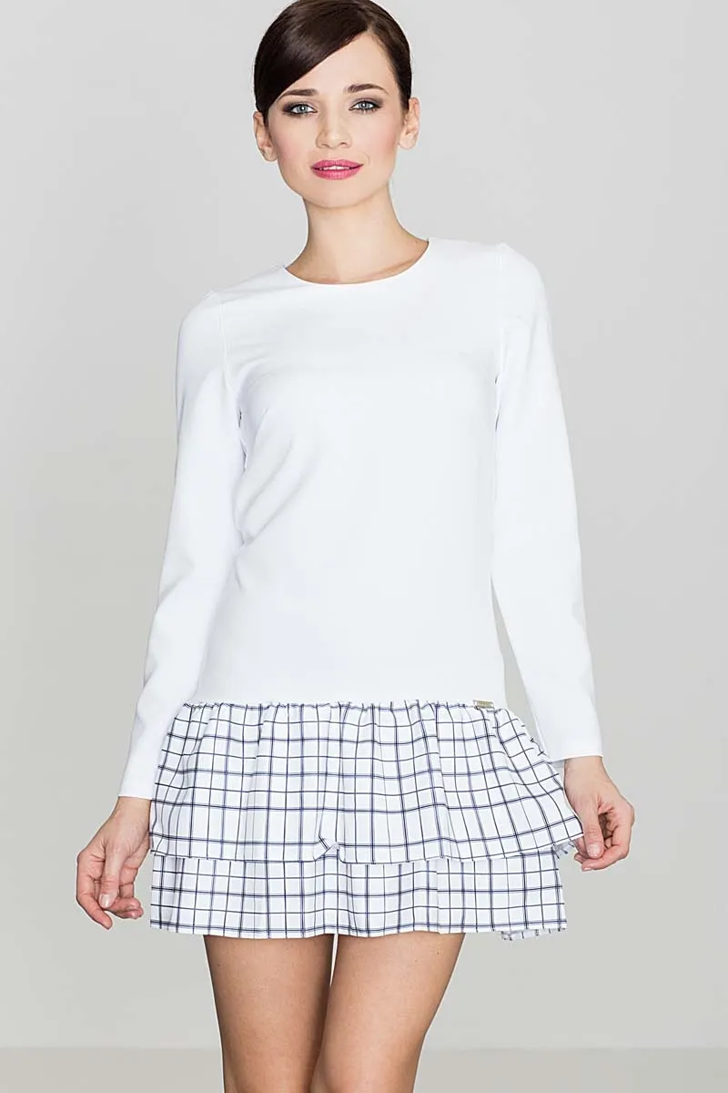 Szara Sukienka z Podwójna Falbanką w Kratę