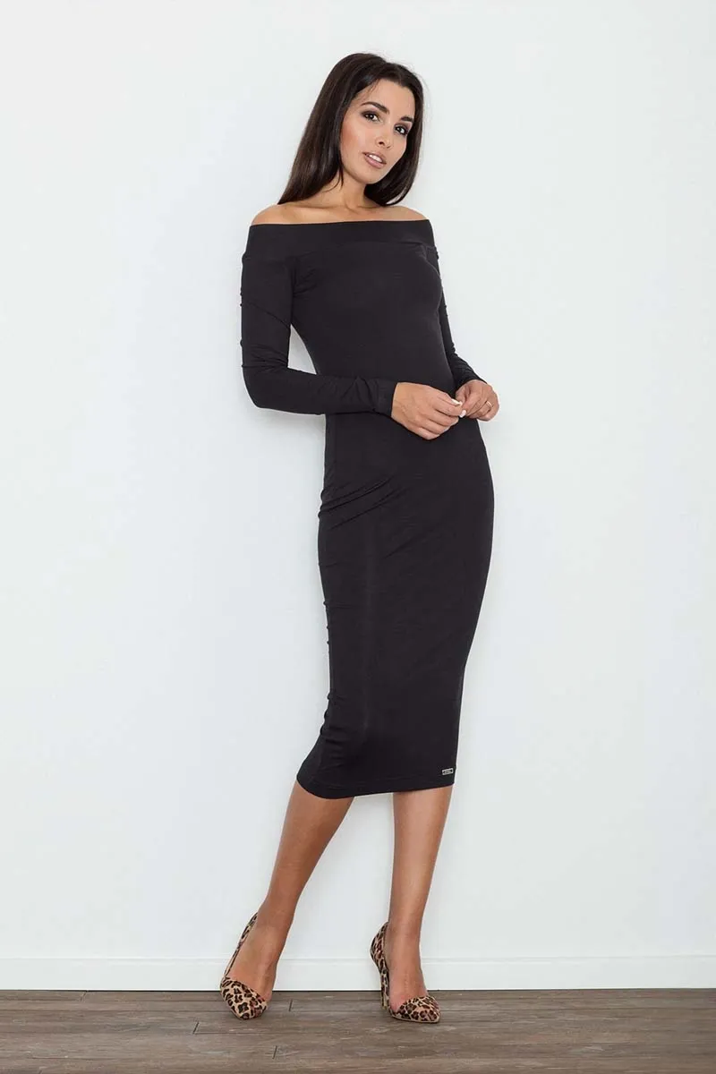 Czarna Ołówkowa Sukienka za Kolano z Szerokim Dekoltem