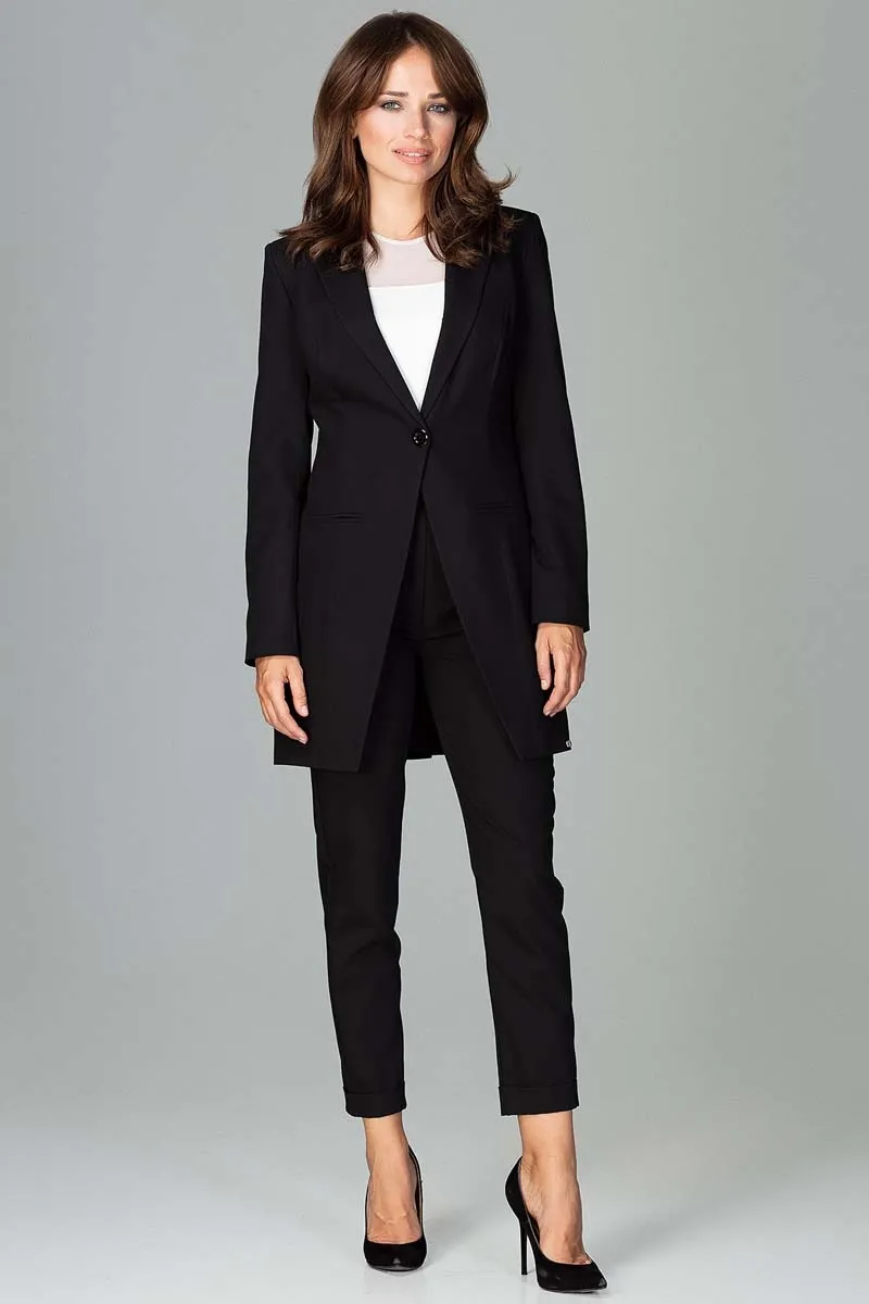 Czarny Długi Elegancki Żakiet na Jeden Guzik
