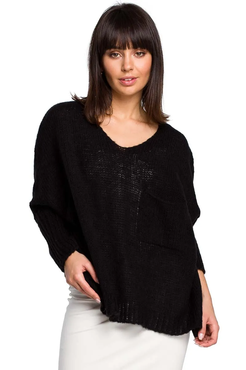 Czarny Asymetryczny Oversizowy Sweter z Kieszonką