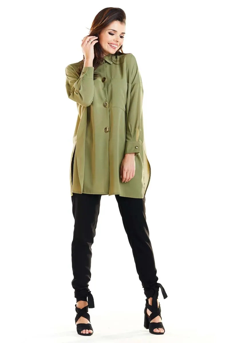 Khaki Oversizowa Koszula z Ozdobnymi Guzikami