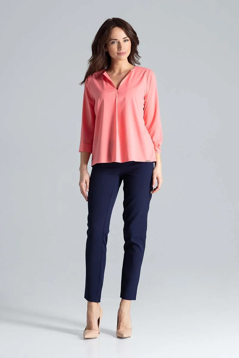 Koralowa Bluzka z Dekoltem w Serek