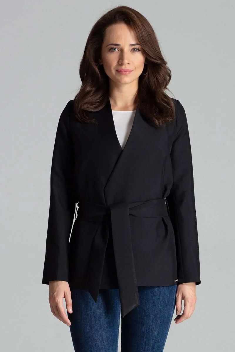 Czarny Stylowy Żakiet bez Zapięcia z Wiązanym Paskiem