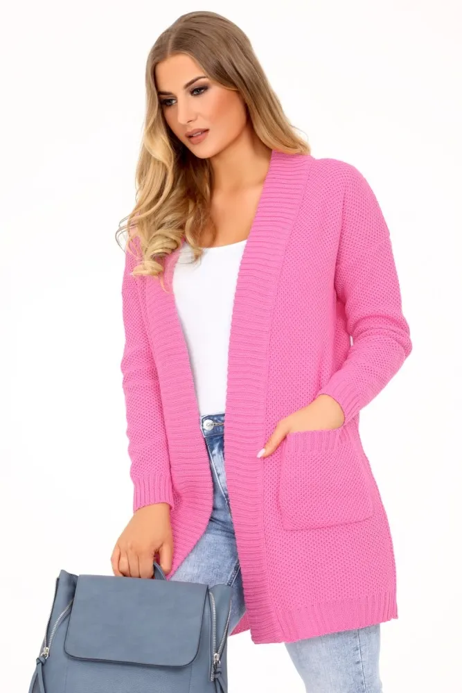 Różowy Stylowy Kardigan bez Zapięcia