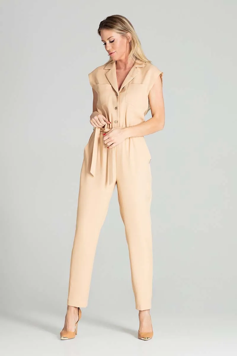 Letni Kombinezon Zapinany na Guziki - Beżowy