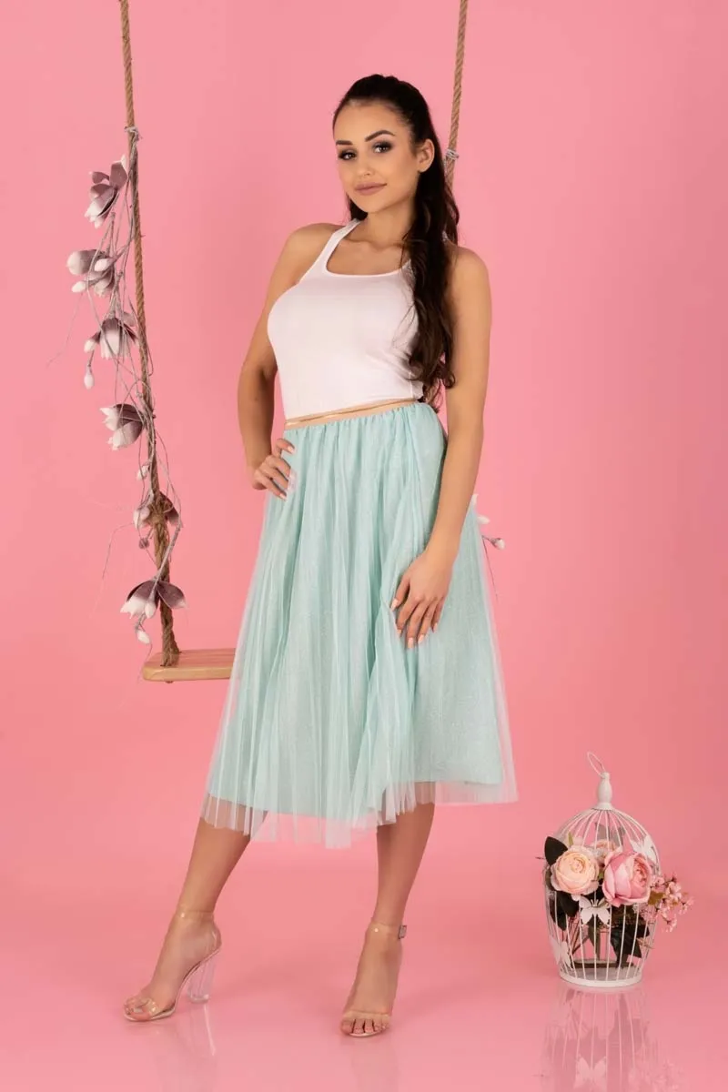 Plisowana Tiulowa Midi Spódnica na Gumie -Miętowa
