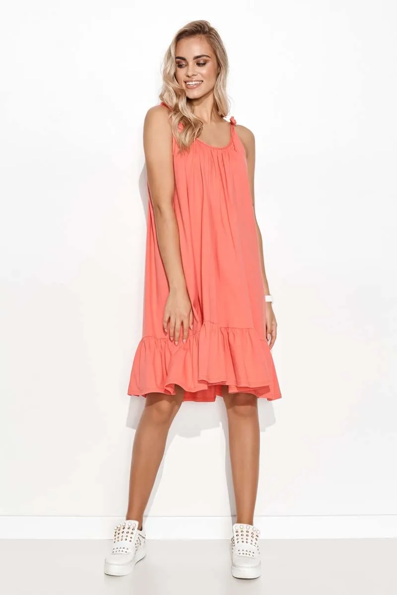 Bawełniana Sukienka na Cienkich Ramiączkach - Koralowa