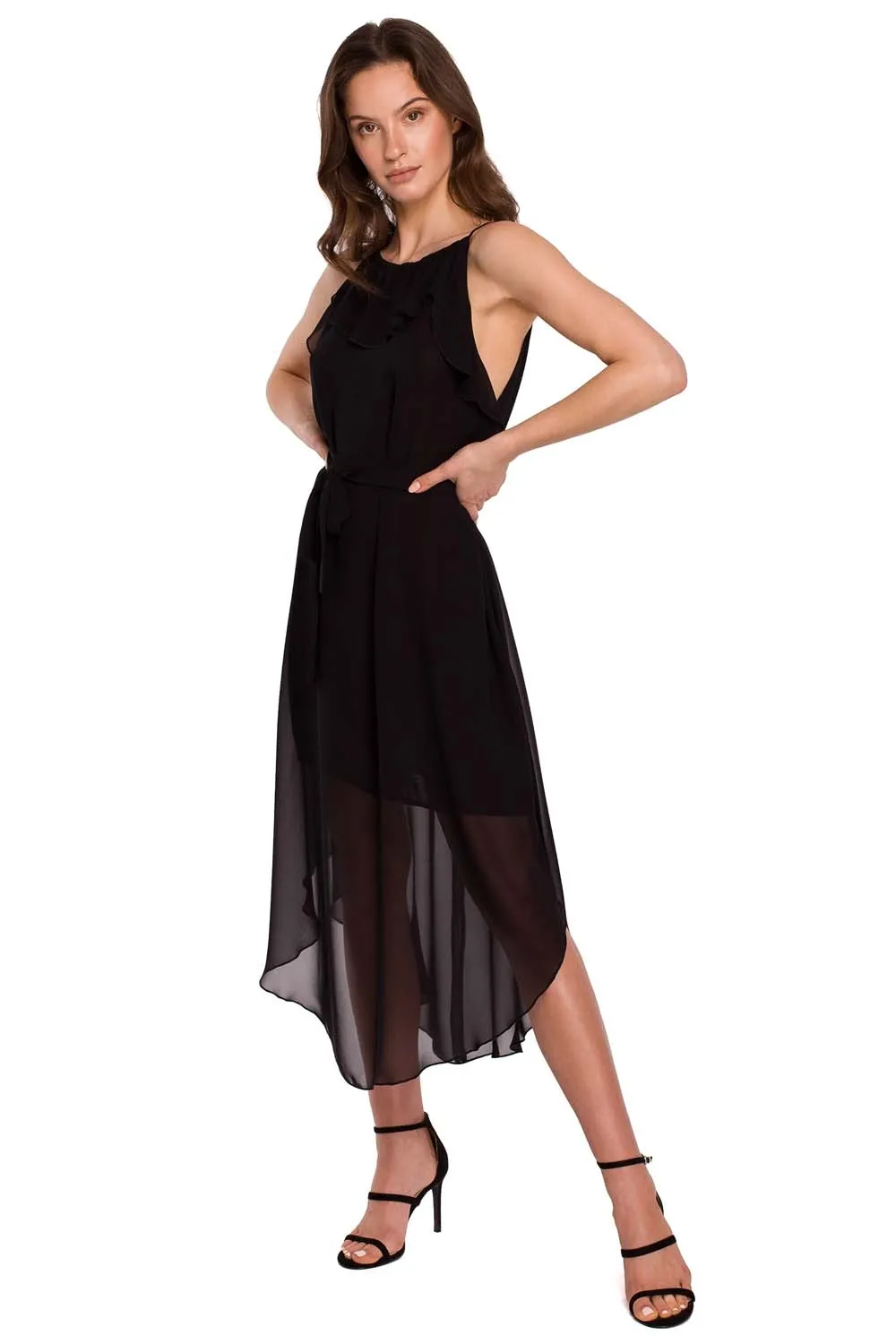 Szyfonowa Asymetryczna Sukienka Wiązana Wokół Szyi - Czarna