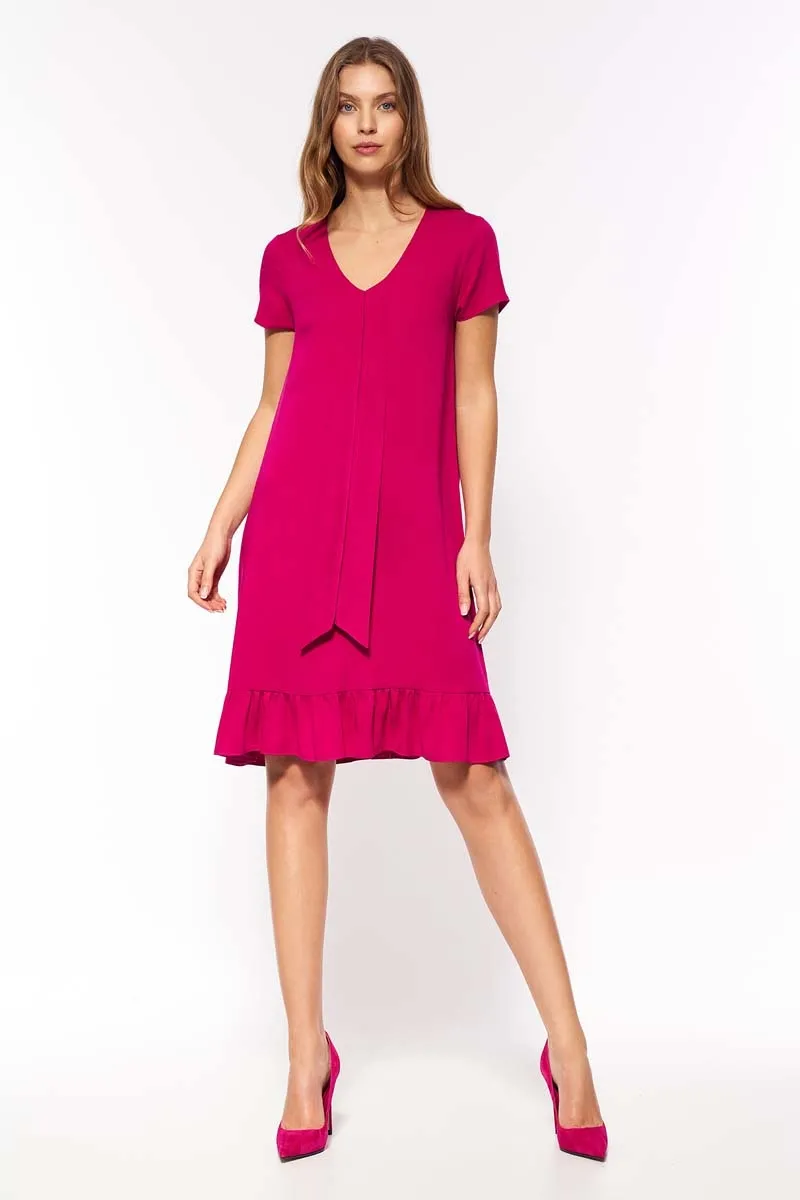 Trapezowa sukienka z falbanką - Fuksja