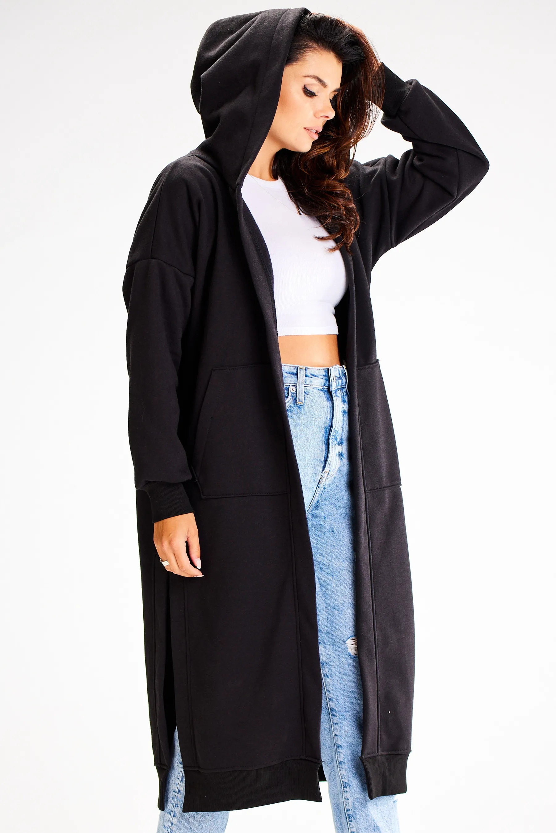 Niezapinana Długa Bluza z Kapturem - Czarna