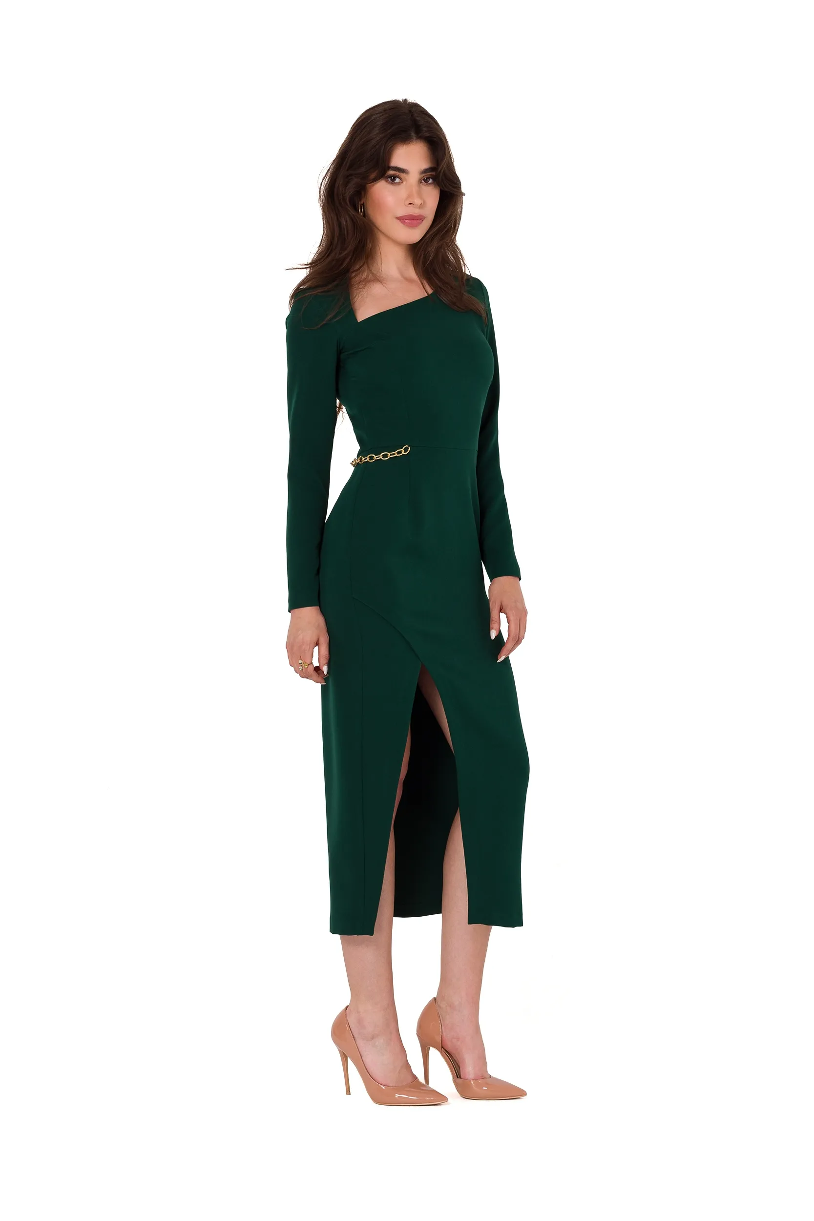 Zielona Midi Sukienka z Asymetrycznym Dekoltem i Długim Rękawem