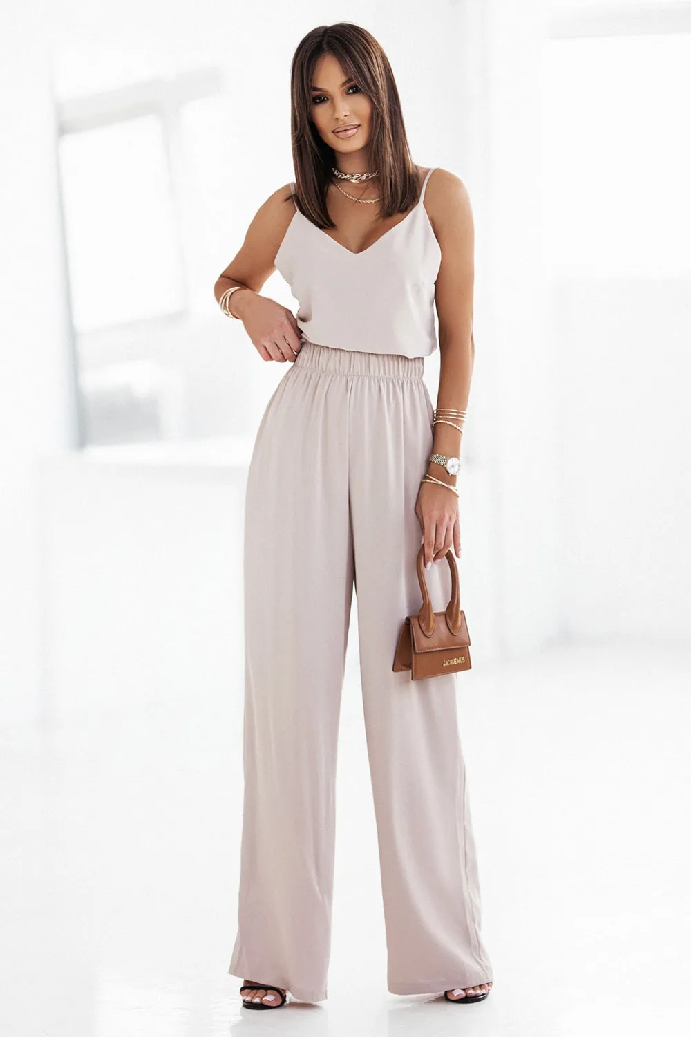 Beżowe Szerokie Spodnie z Gumą