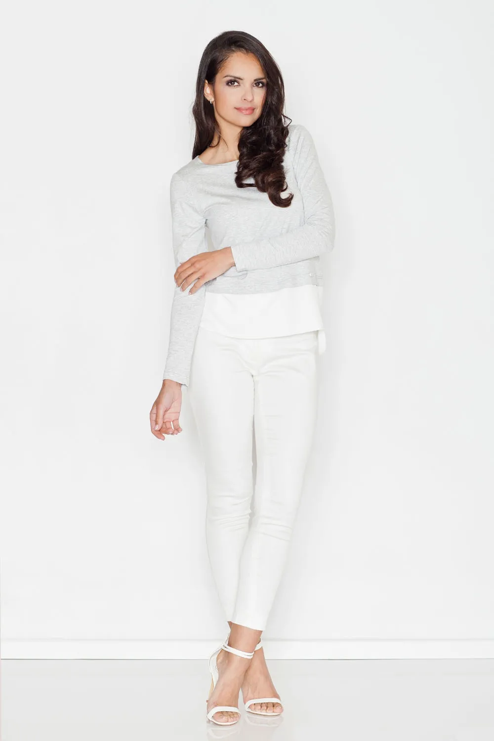 Jasnoszara Szykowna Bluzka z Długim Rękawem Wykończona Kontrastową Lamówką