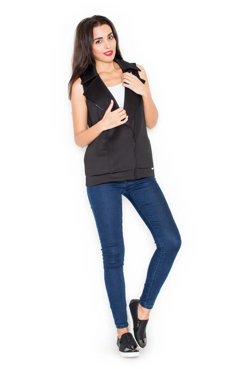 Czarna Dłuższa Dzianinowa Kamizelka z Asymetrycznym Suwakiem