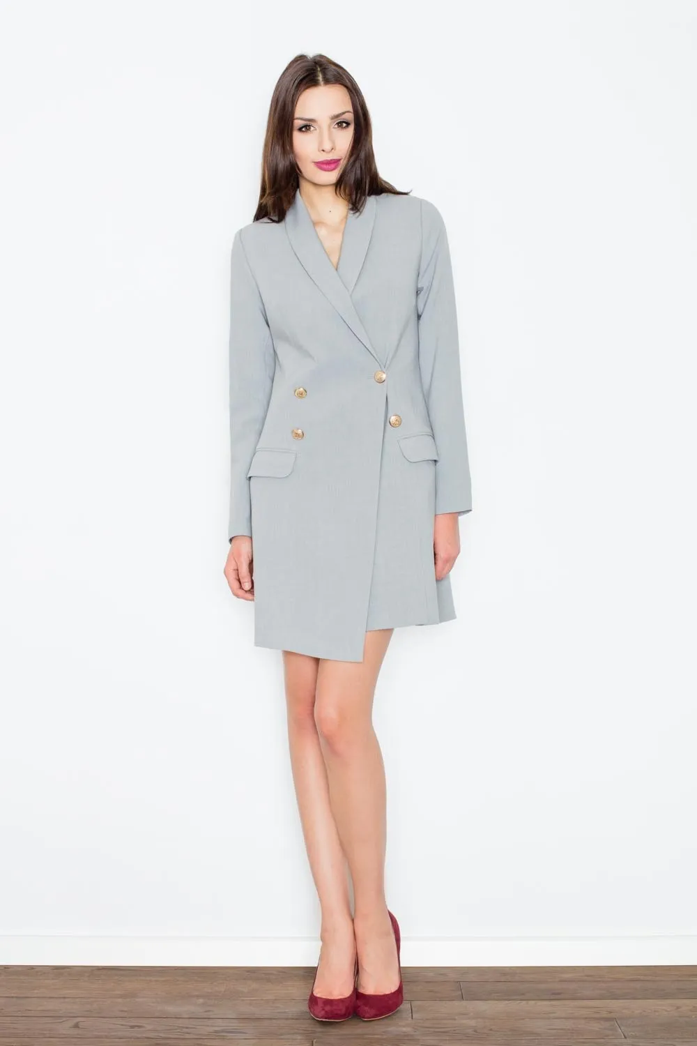 Szara Elegancka Sukienka Smokingowa Zapinana na Guziki