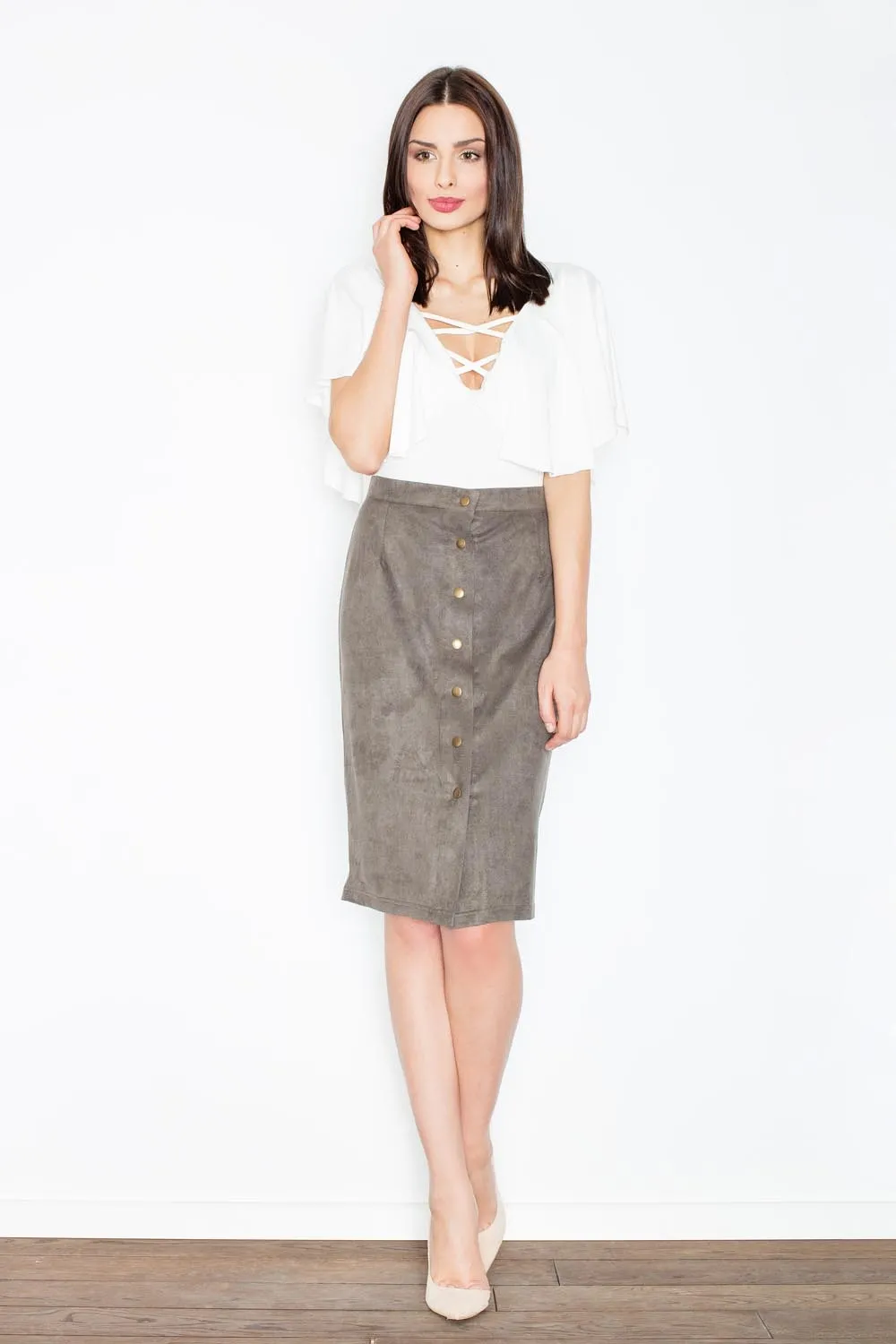 Oliwkowa Dopasowana Midi Spódnica Zapinana na Guziki