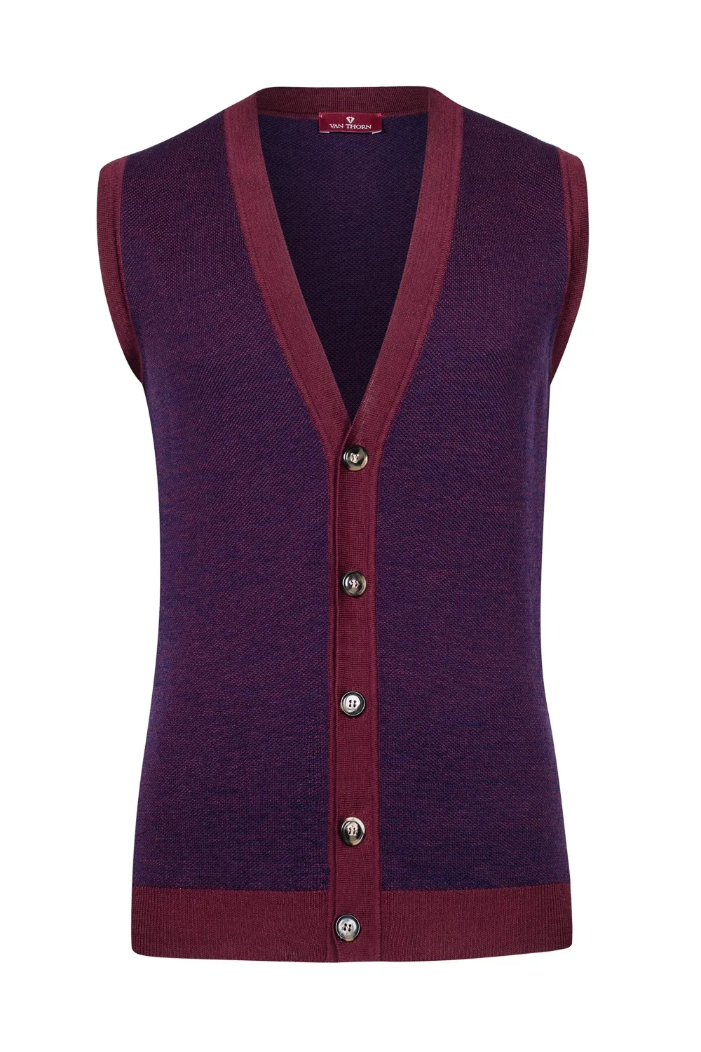 Bordowo-niebieski bezrękawnik męski zapinany na guziki z wełny merino 6XL