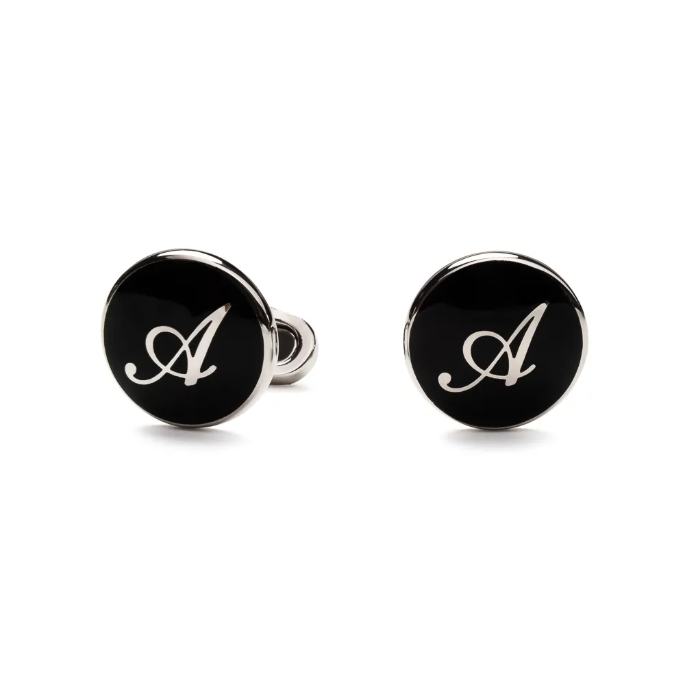 Spinki do mankietów okrągłe srebrne litery na czarnym tle W