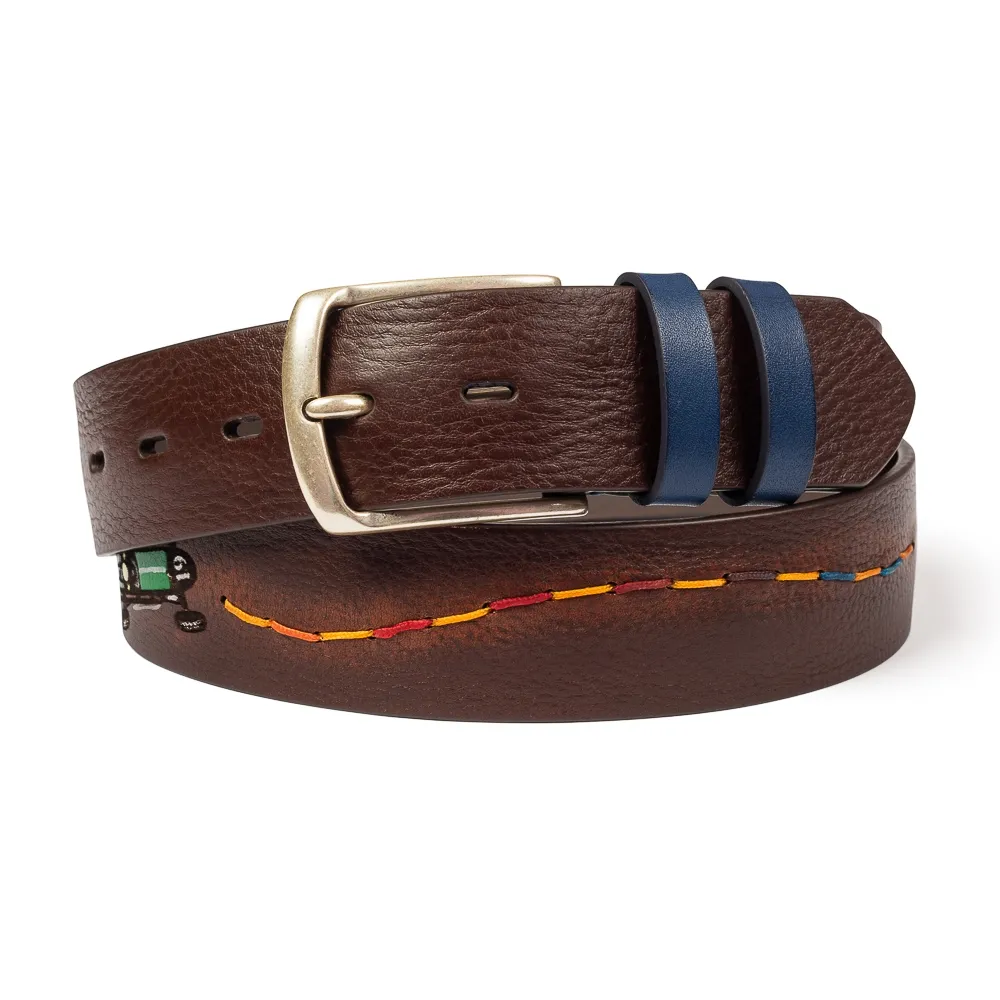 Pasek męski skórzany z wzorem Racing Tattoo brązowy  90