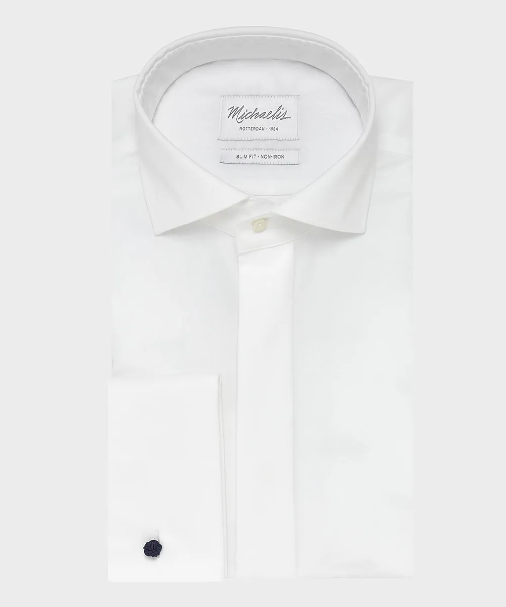 Elegancka biała koszula do muchy z krytą listwą i mankietami na spinki - Michaelis 45