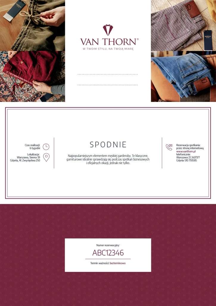 Karta podarunkowa na spodnie chino PREMIUM szyte na miarę VAN THORN E-voucher (PDF)