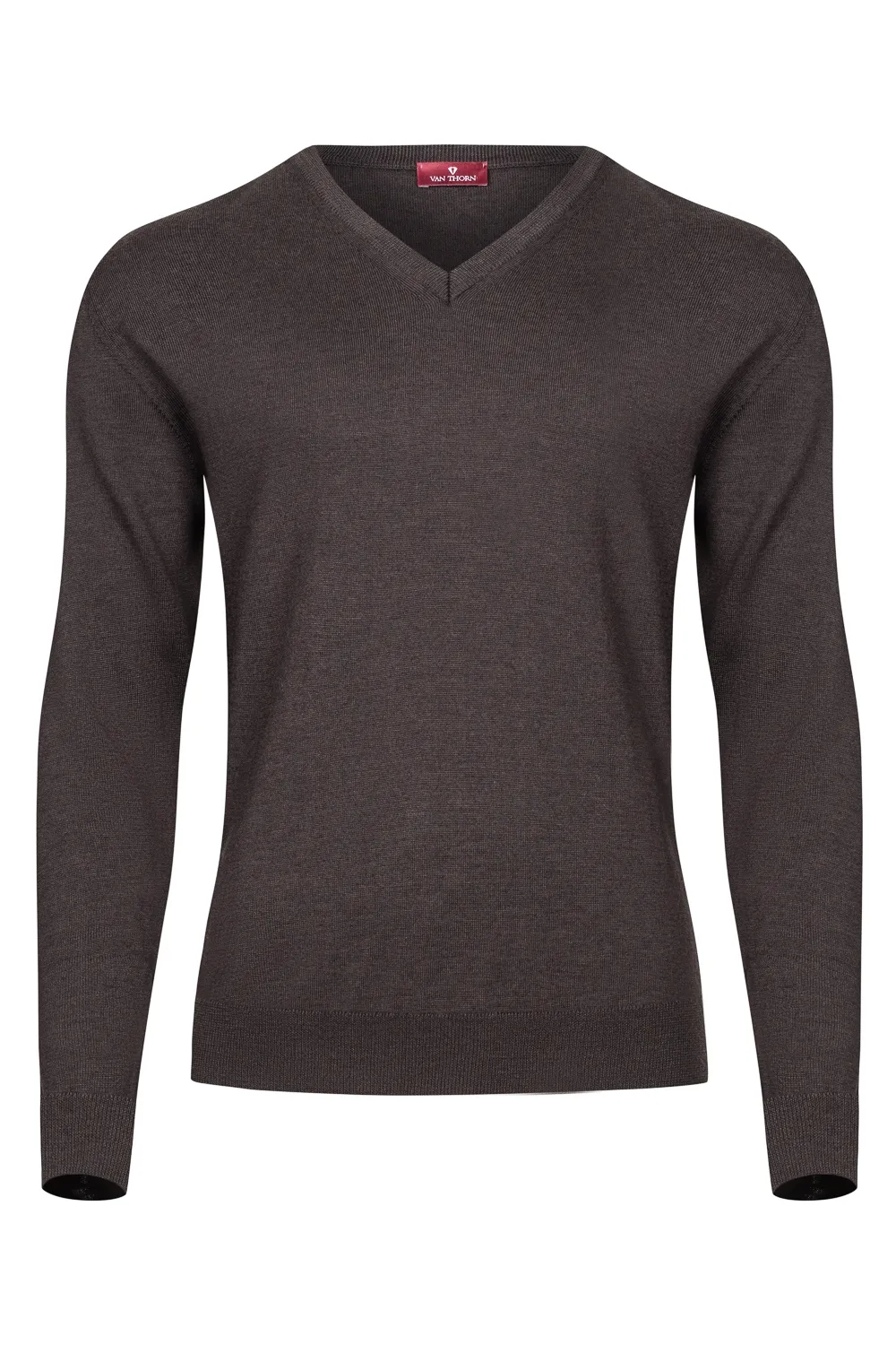 Czekoladowy sweter męski z wełny merino w serek  7XL