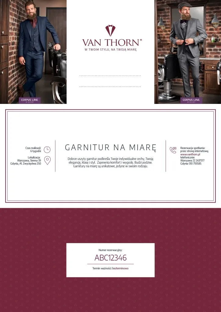 Karta podarunkowa na garnitur na miarę VAN THORN z tkanin S120-S180 E-voucher (PDF)