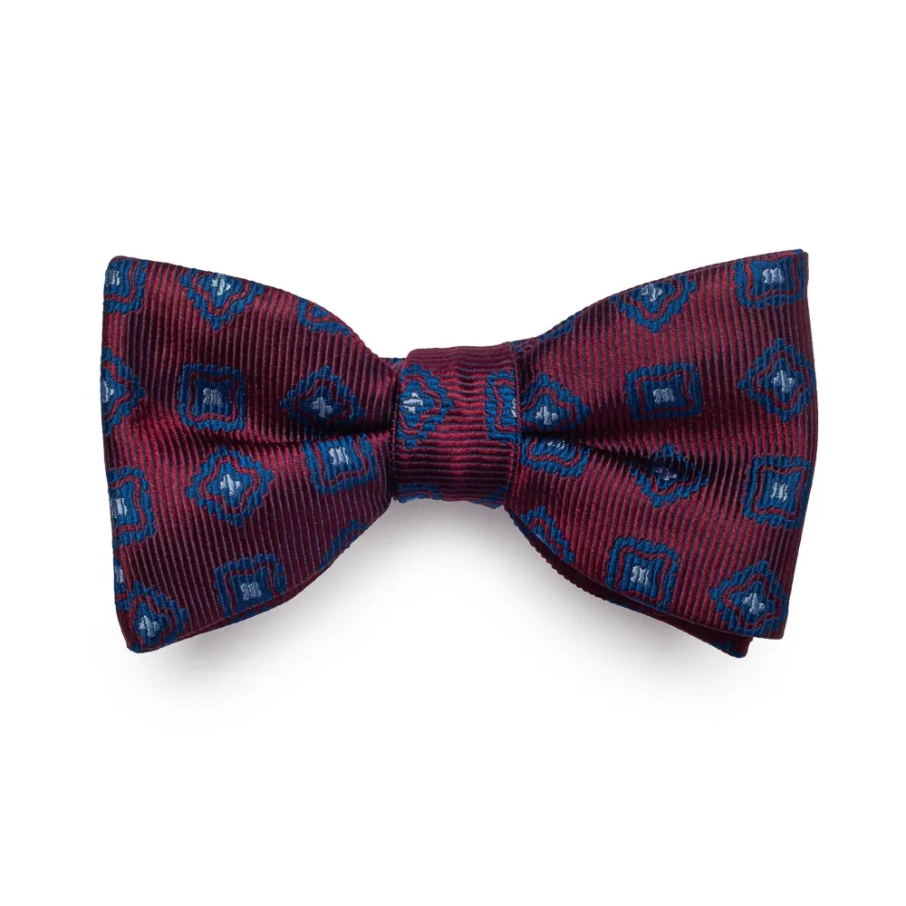 Bordowa mucha wiązana Hemley w granatowe kwadraty