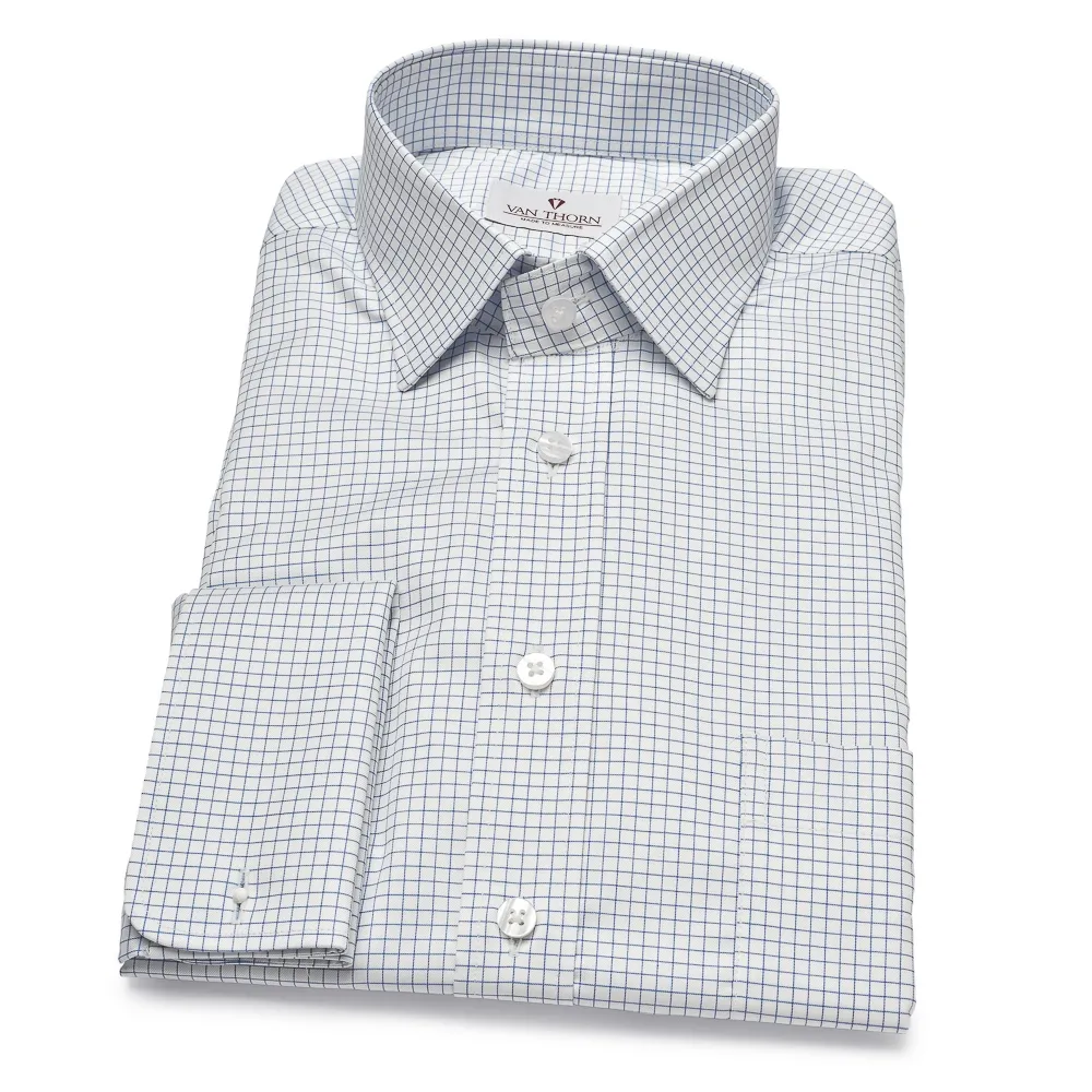 Biała koszula VAN THORN w niebieską kratę z kołnierzykiem półwłoskim  42