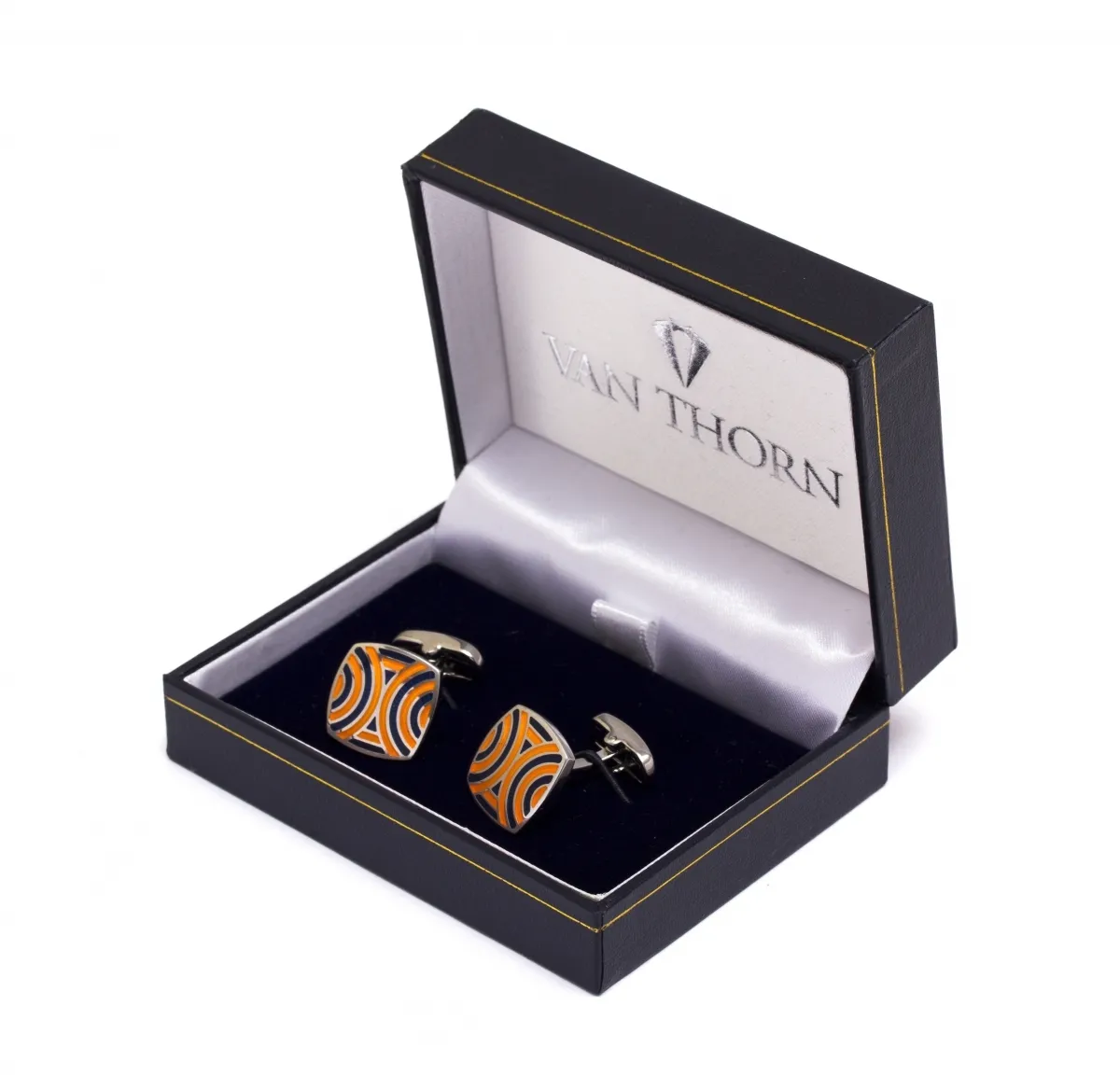 Eleganckie spinki do mankietów w granatowo pomarańczowy wzór