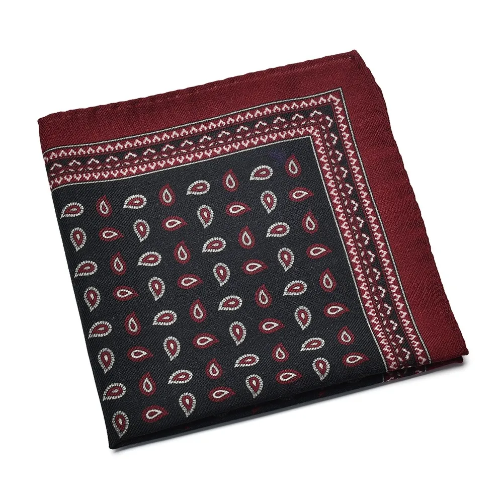 Wełniana granatowa poszetka w paisley z bordową obwódką