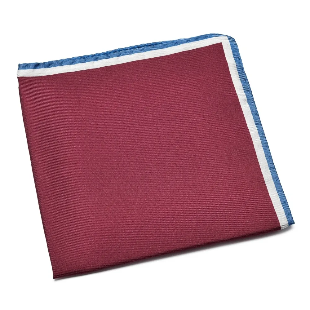 Jedwabna bordowa poszetka z białą i niebieską obwódką