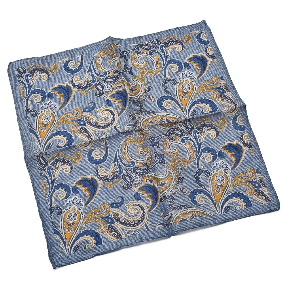 Lniana błękitna poszetka we wzór paisley