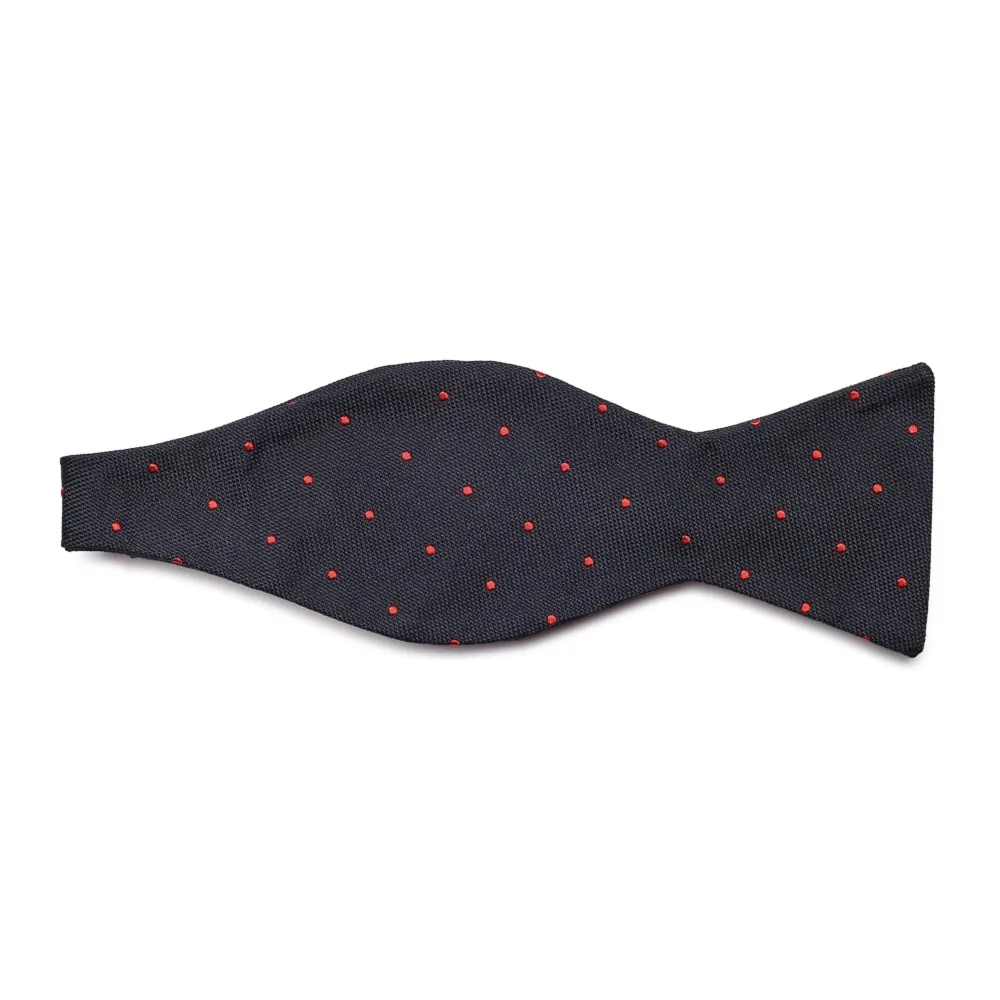 Elegancka granatowa mucha wiązana w czerwone kropki
