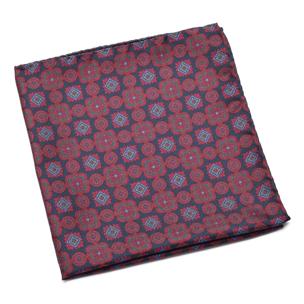 Jedwabna granatowa poszetka w czerwony wzór