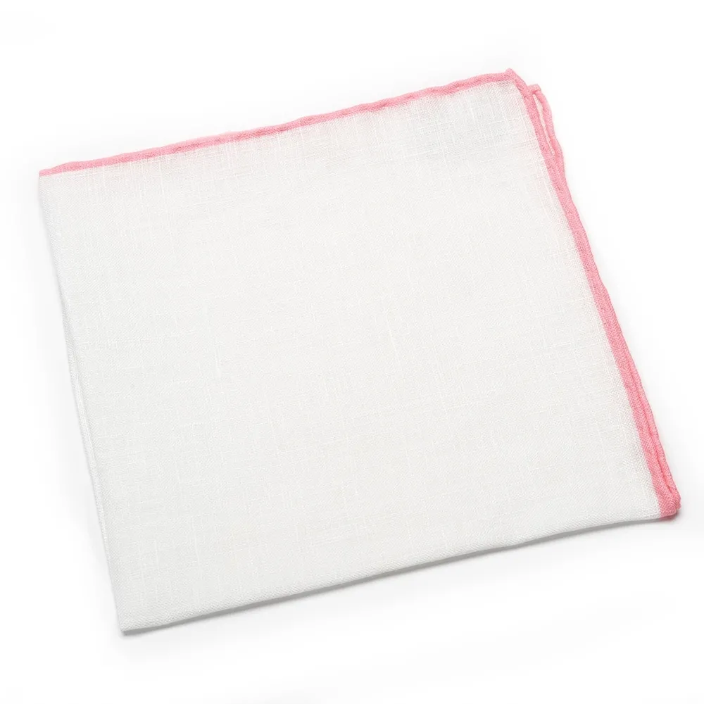 Elegancka biała poszetka lniana z różową obwódką