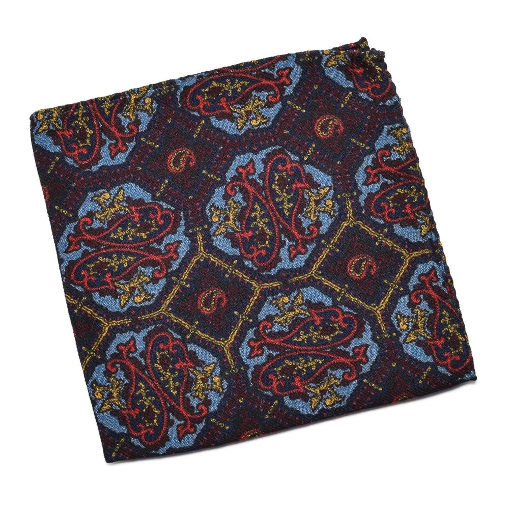 Granatowa poszetka wełniana w niebieski wzór mozaikowy