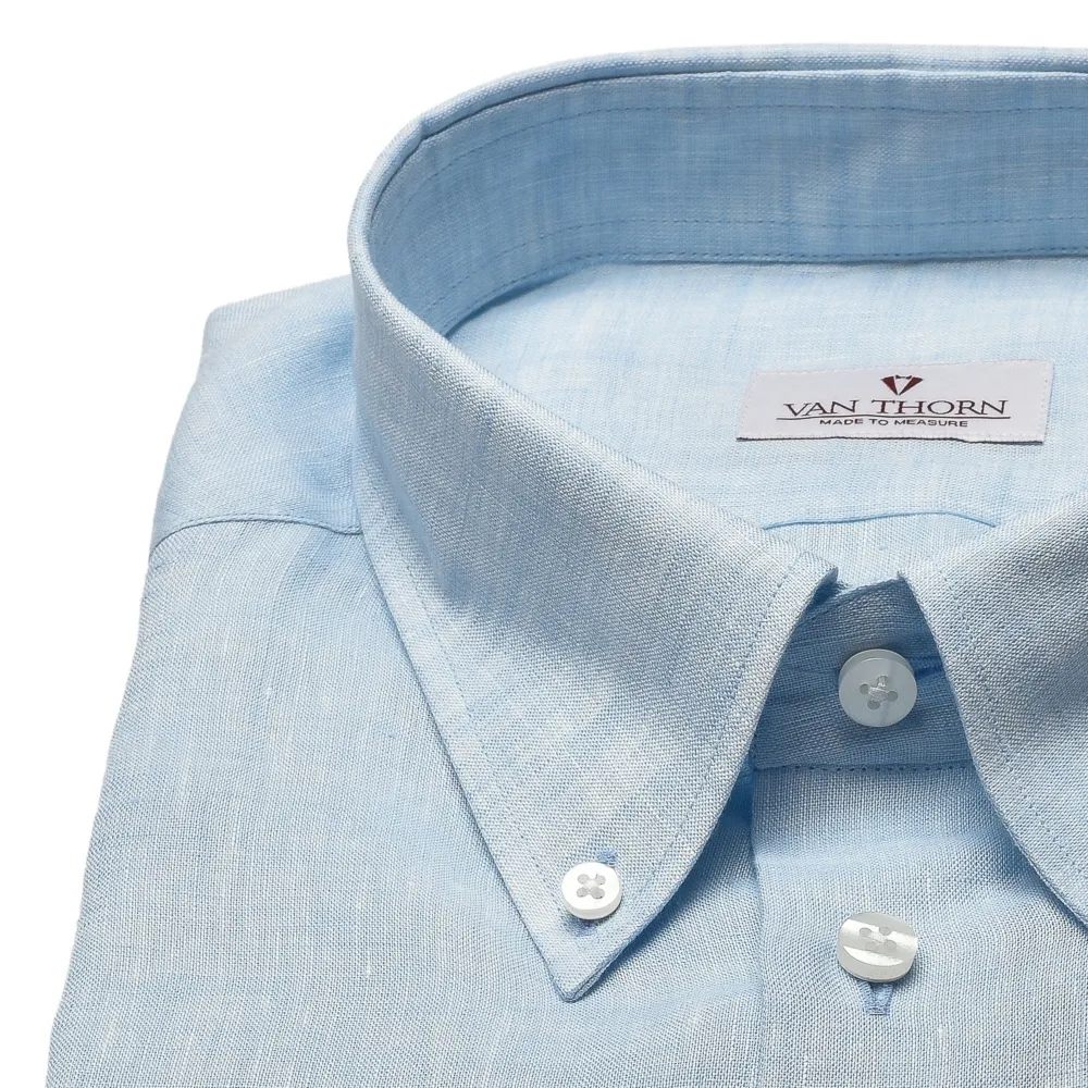 Błękitna lniana koszula VAN THORN z kołnierzem na guziki 50