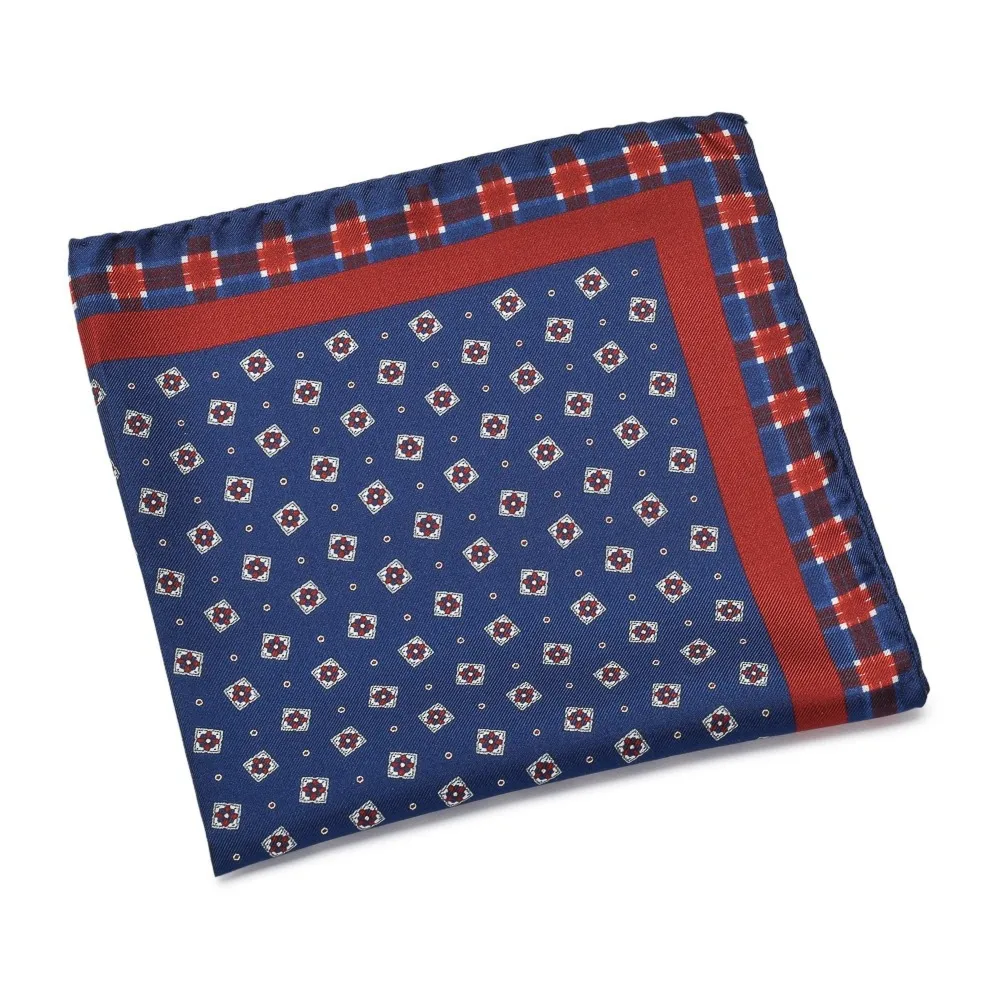 Granatowa jedwabna poszetka w białe kwadraty